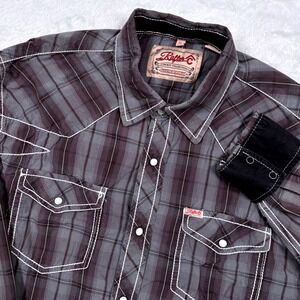 Rafter C Western Shirt Men XL Gray Black Plaid Pearl Snap Flip Cuff Rodeo Cowboy